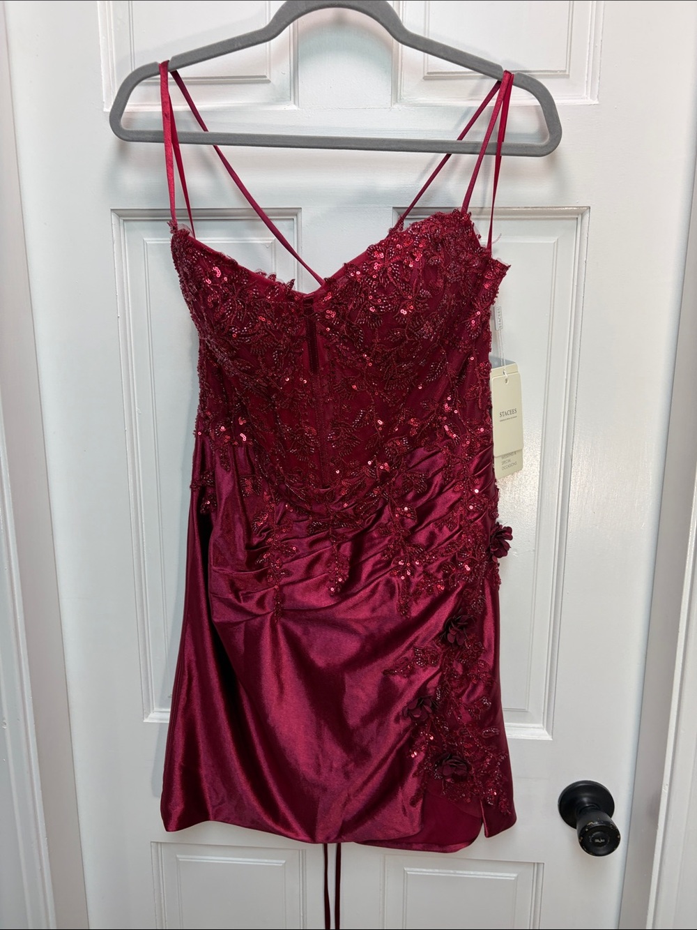 Stacee’s Strap Detail Burgundy Beaded Prom Dress